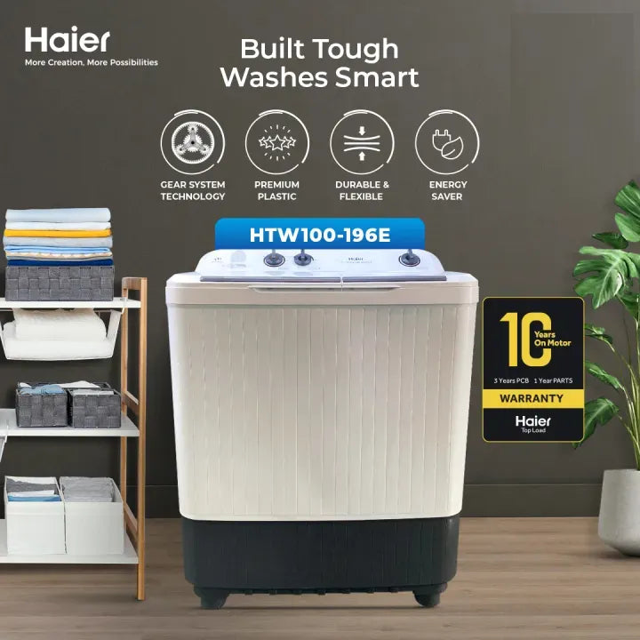 Haier Twin Tub Washing Machine 10KG with Spinner HTW 100-196E - 10 Years Brand Warranty White Color