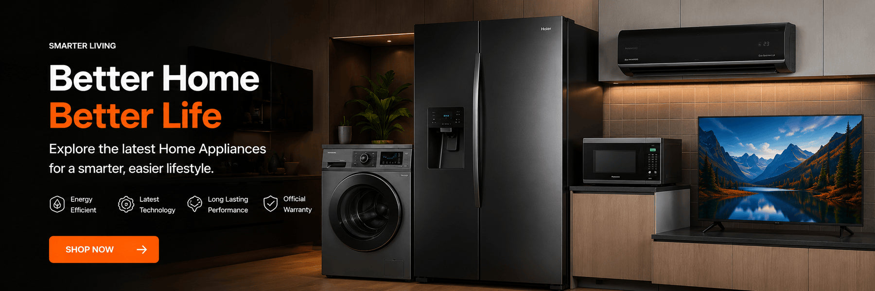 Modern kitchen appliances including a refrigerator, washing machine, microwave, and air conditioner with a promotional banner on the left.