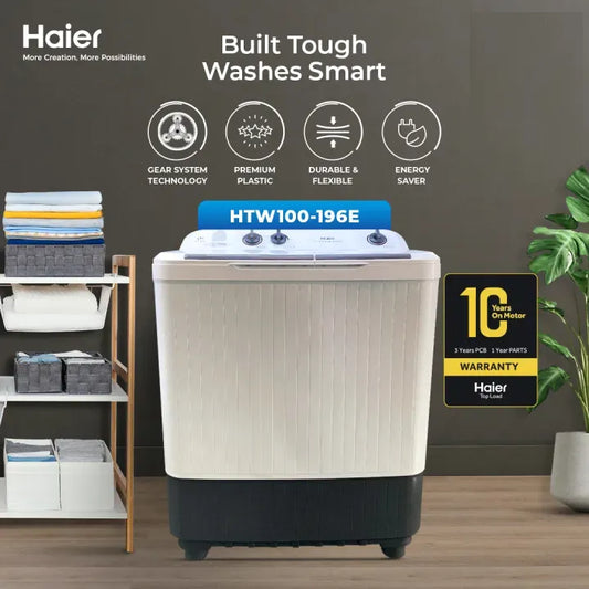 Haier Twin Tub Washing Machine 10KG with Spinner HTW 100-196E - 10 Years Brand Warranty White Color