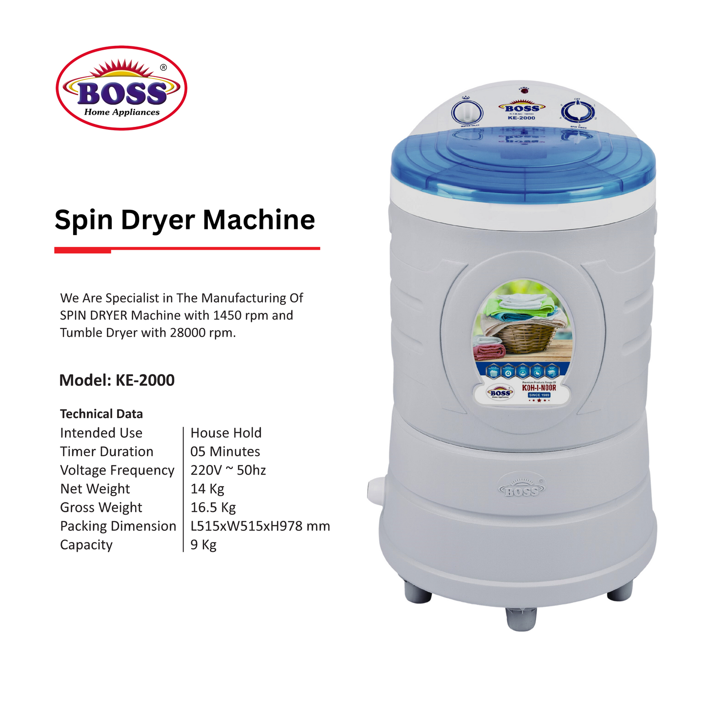 Boss Round Shape Spin Dryer KE-2000-S (9Kg)
